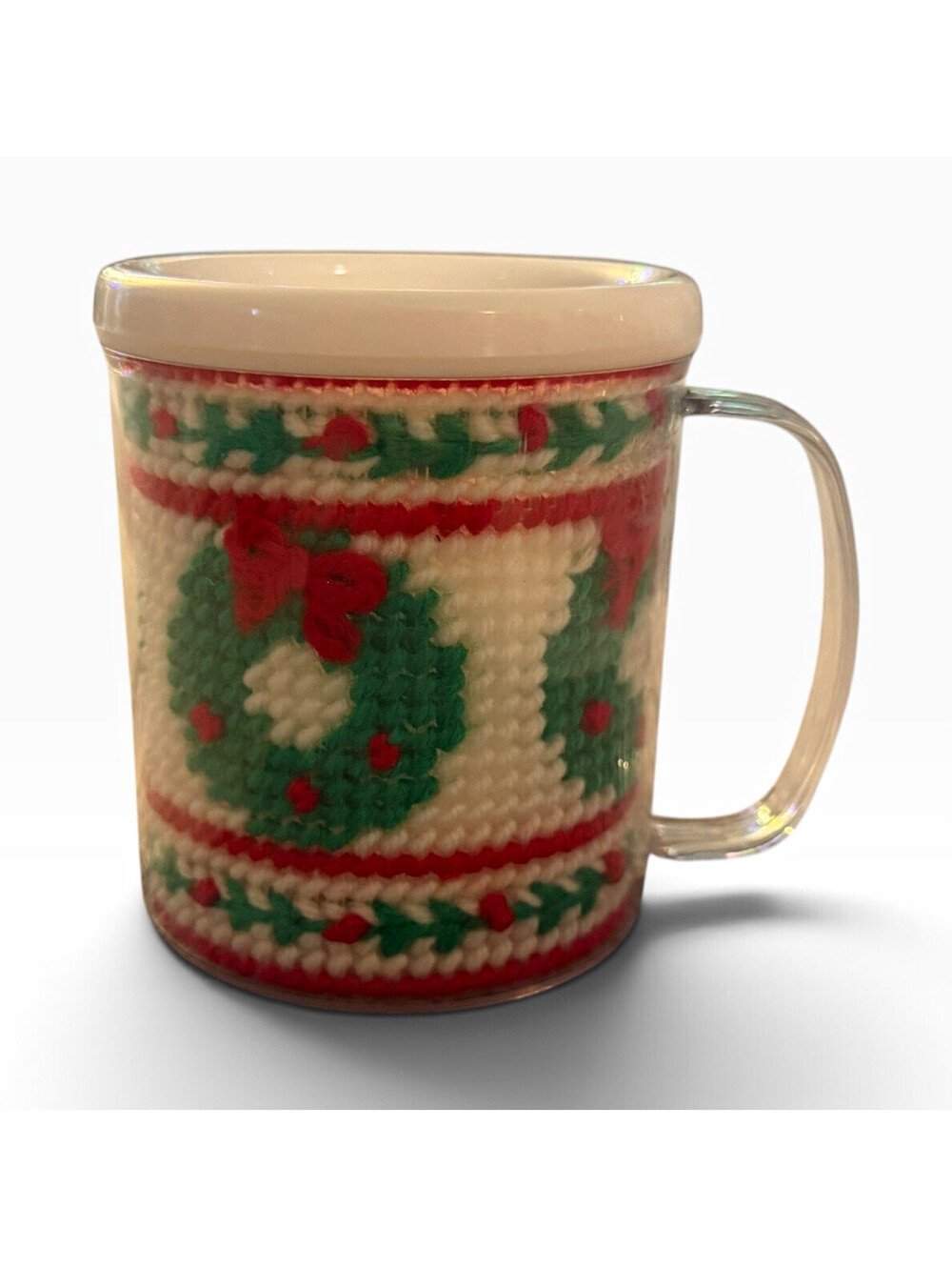 12 fl oz Glass Coffee Mug Christmas Holiday Wreath Vintage White Green Red